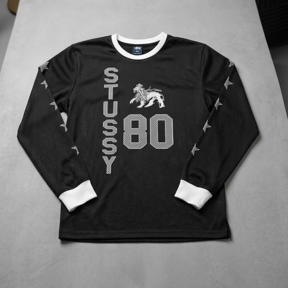 Stussy 80 Lion Mesh Long Sleeve Jersey Black Stars Spellout Size Large